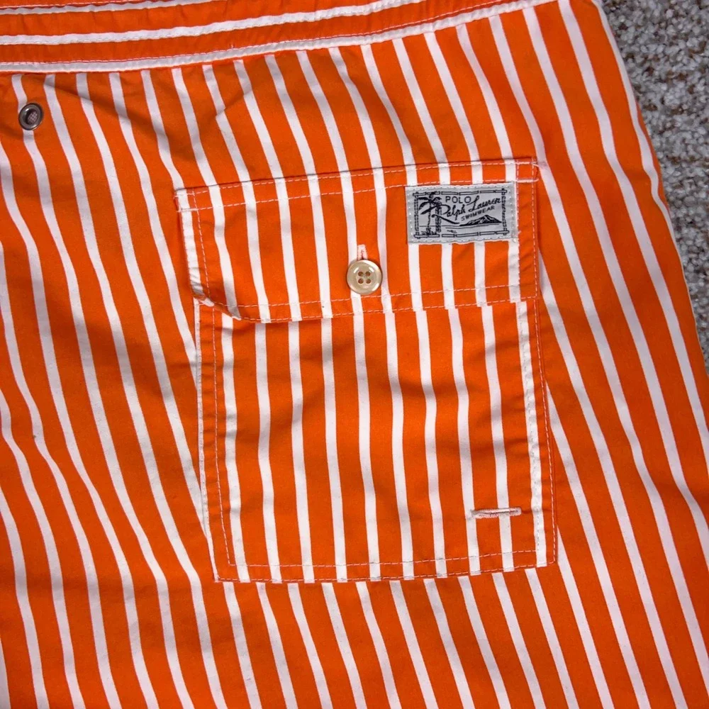 Polo Ralph Lauren Swim Trunks Mens L Orange Swimsuit Striped Beachwear Pony Logo